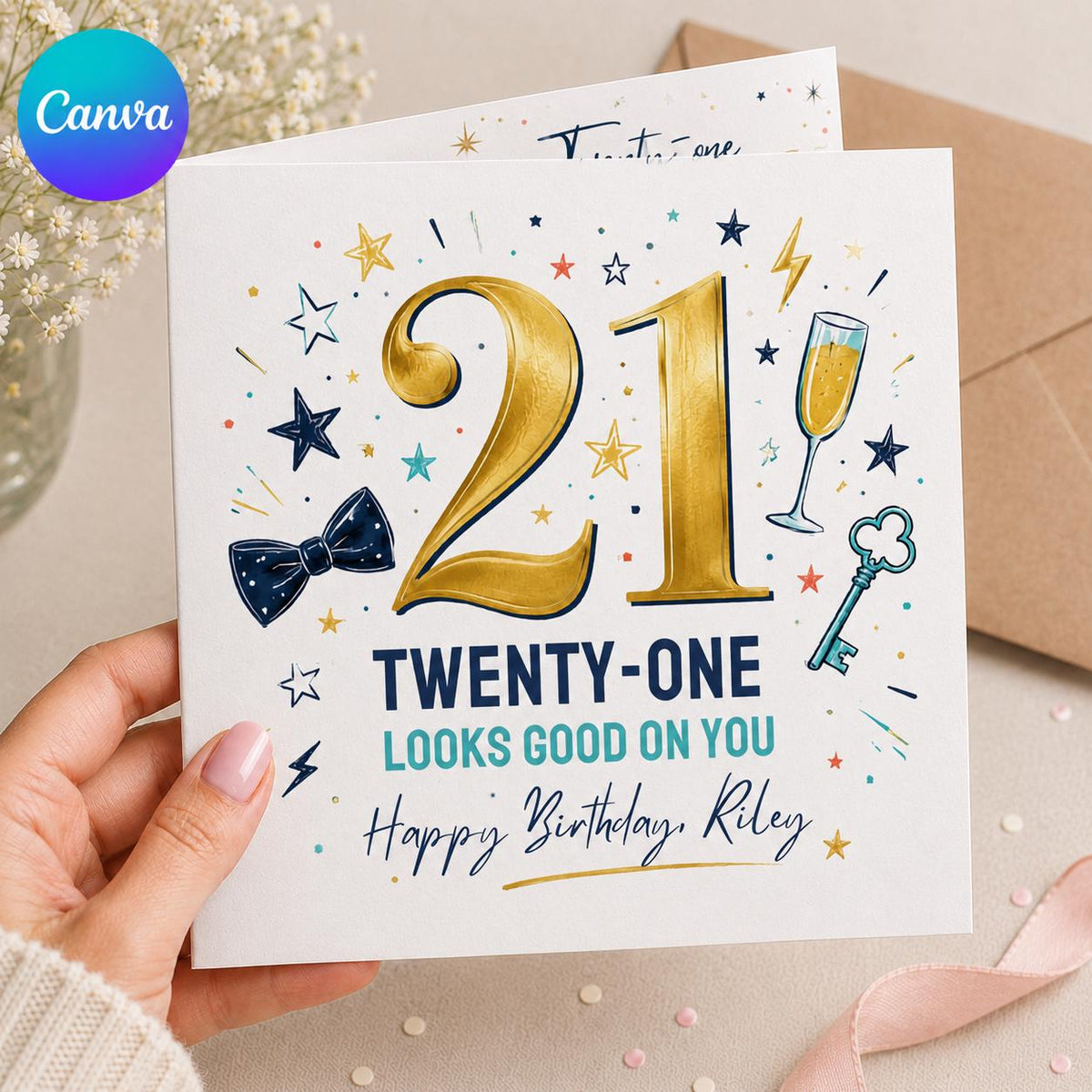 Navy and Gold 21st Birthday Greeting Card — editable Canva template