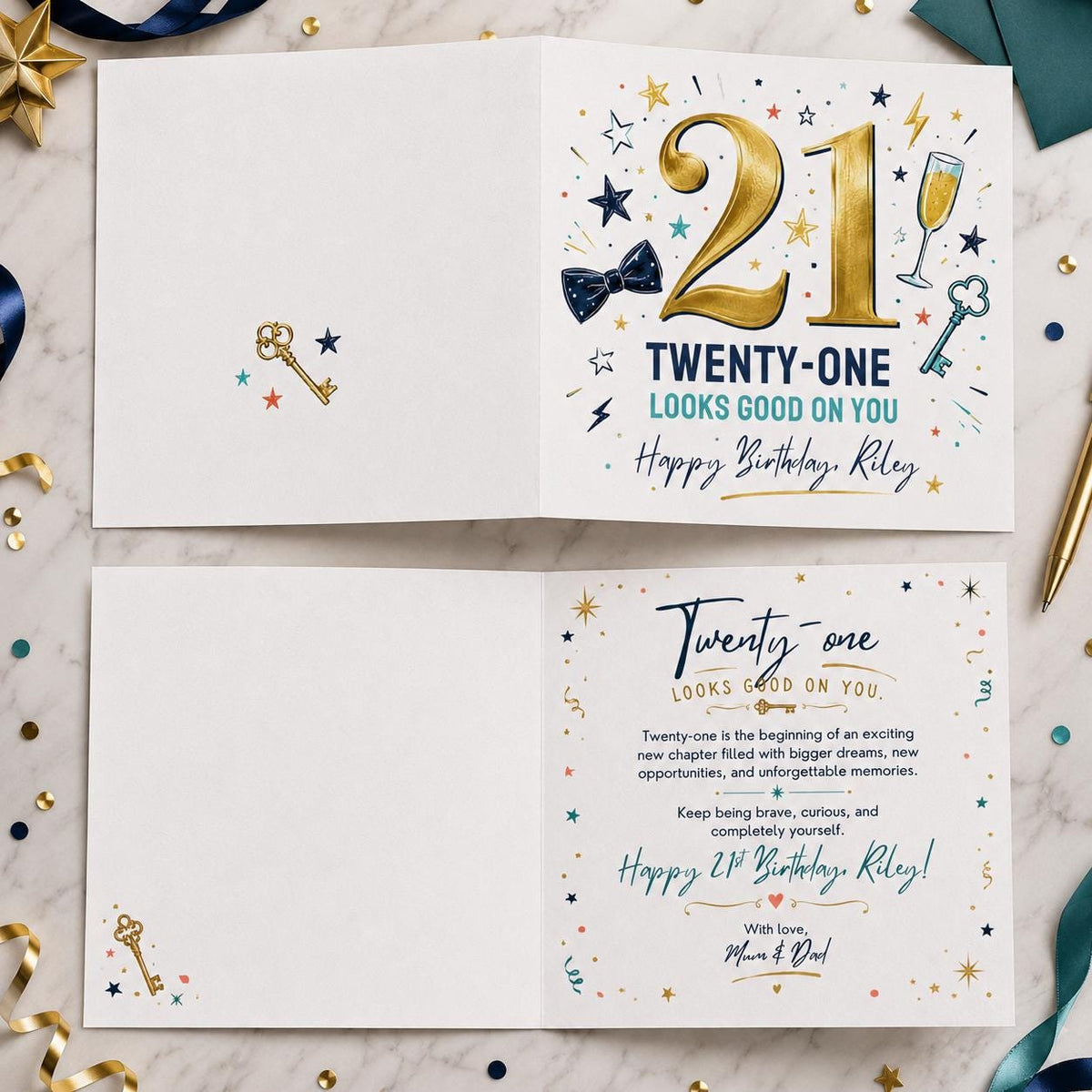 Navy and Gold 21st Birthday Greeting Card — print-ready 21st birthday party design from VoltBy