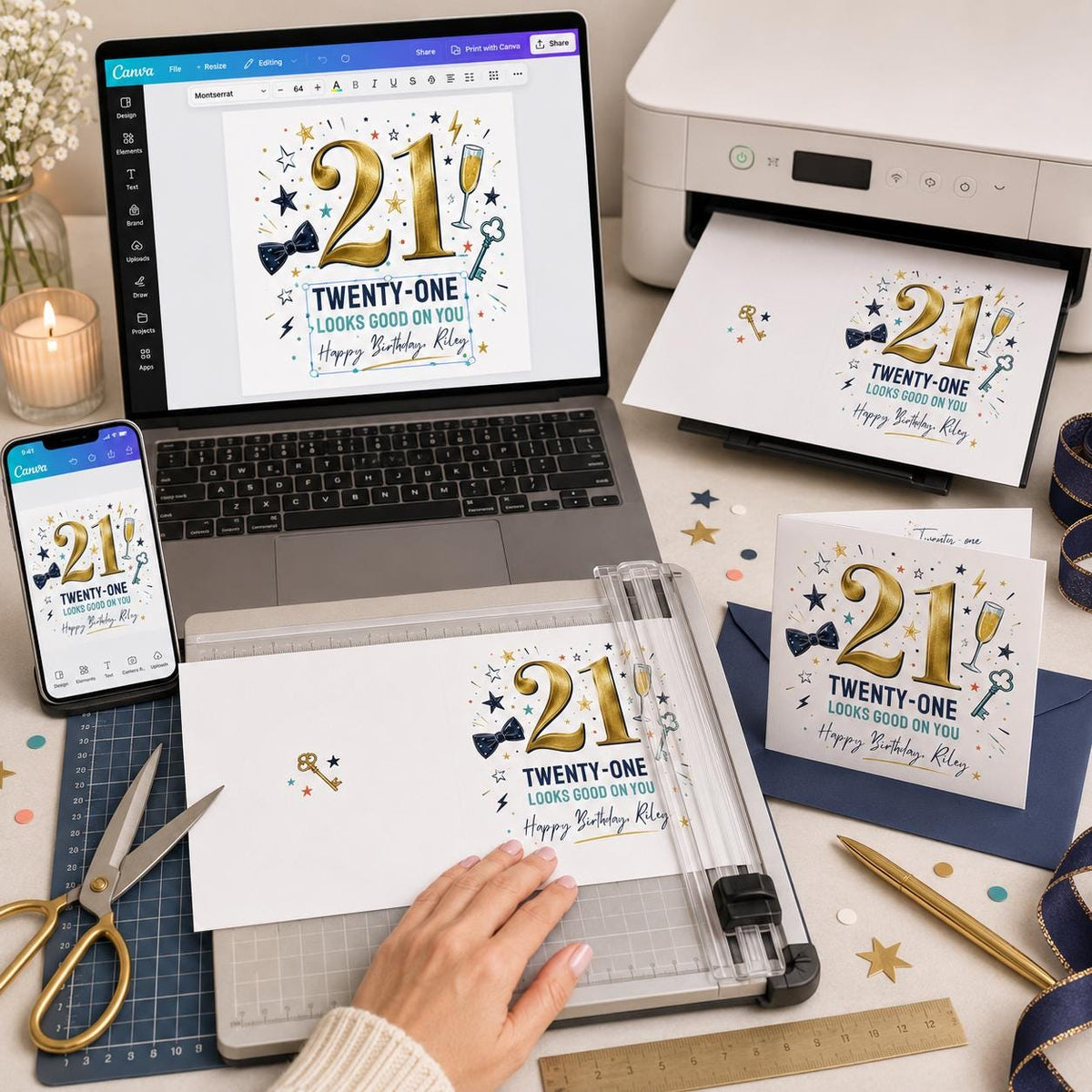Navy and Gold 21st Birthday Greeting Card — digital greeting card, instant download