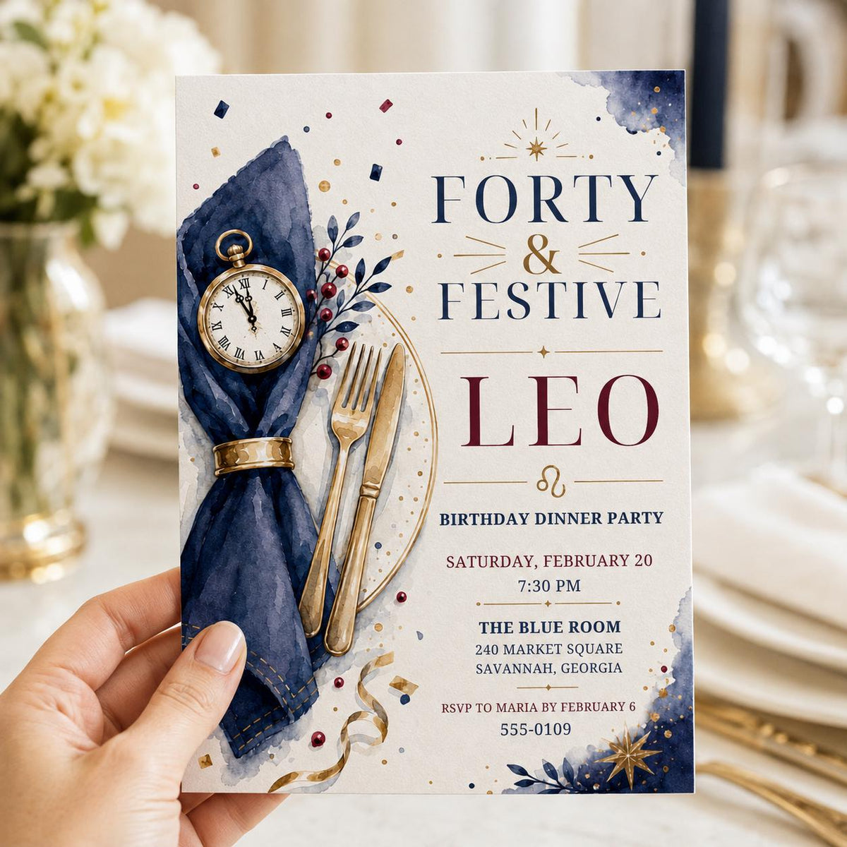 Navy and Gold 40th Birthday Dinner Invitation — invitation you personalize in Canva
