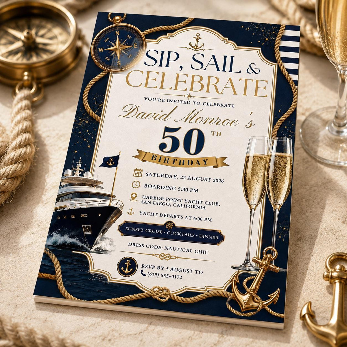 Navy and Gold 50th Birthday Yacht Invitation — boat design