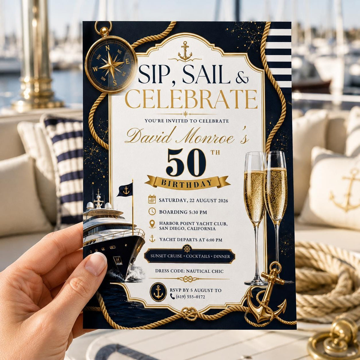 Navy and Gold 50th Birthday Yacht Invitation — invitation you personalize in Canva