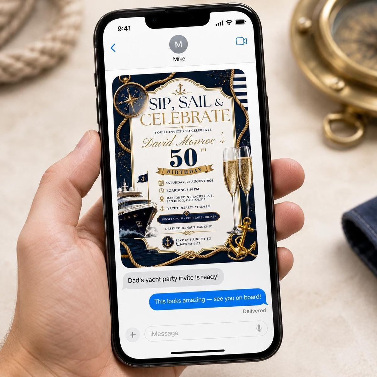 Navy and Gold 50th Birthday Yacht Invitation — print-ready 50th birthday party design from VoltBy