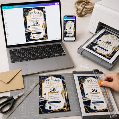 Navy and Gold 50th Birthday Yacht Invitation — digital invitation, instant download