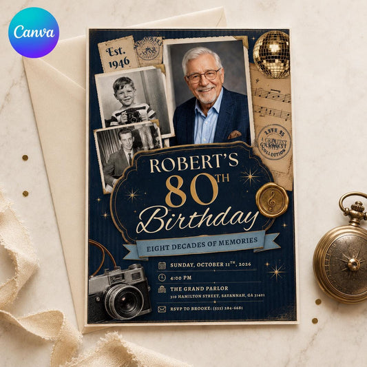 Navy and Gold 80th Birthday Photo Invitation — editable Canva template