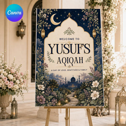 Navy and Gold Aqiqah Welcome Sign — editable Canva template