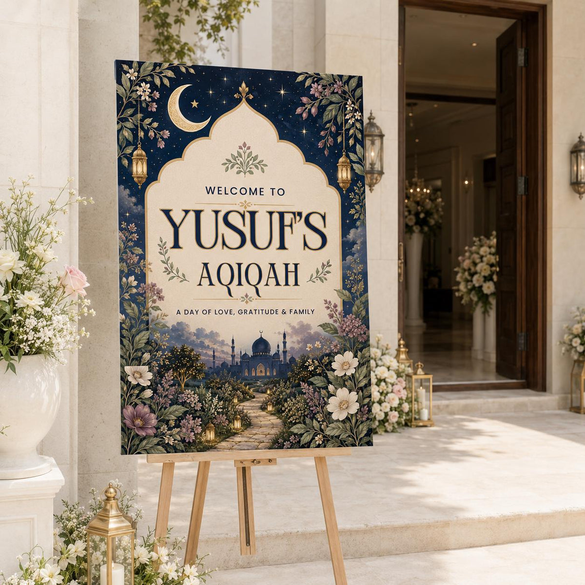 Navy and Gold Aqiqah Welcome Sign — welcome sign you personalize in Canva