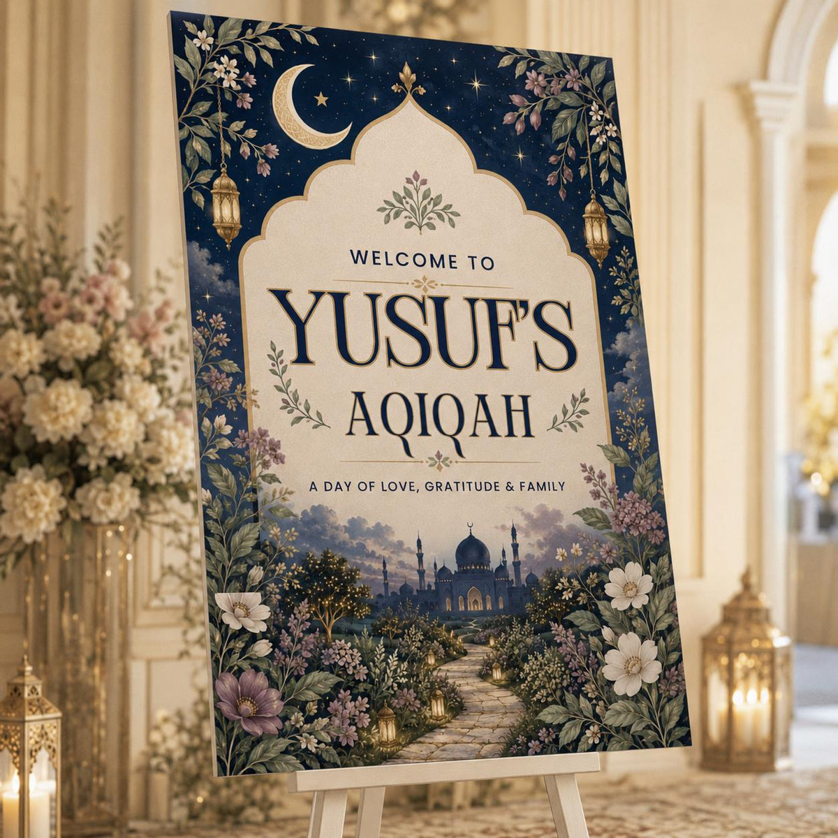 Navy and Gold Aqiqah Welcome Sign — print-ready aqeeqah design from VoltBy