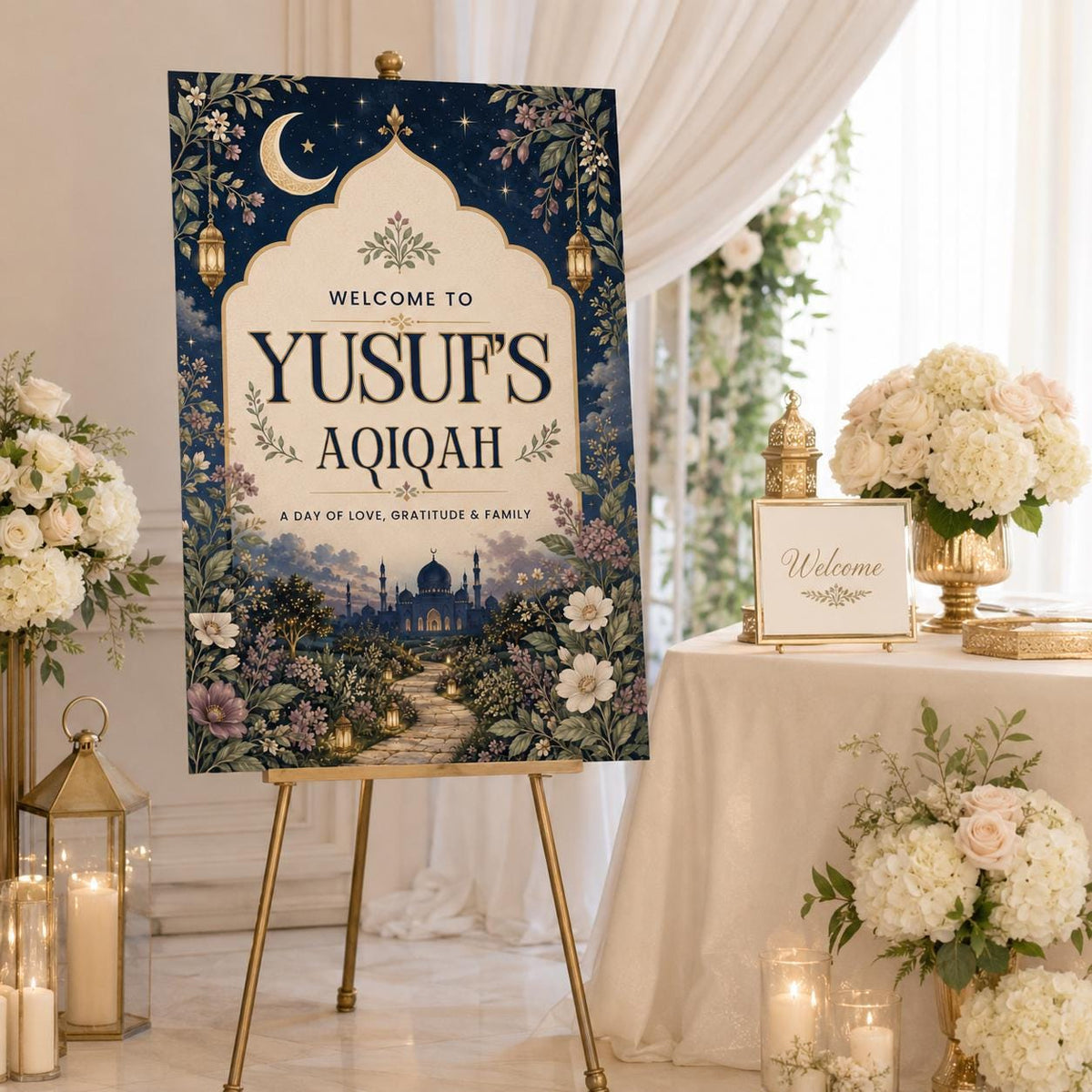Navy and Gold Aqiqah Welcome Sign — digital welcome sign, instant download