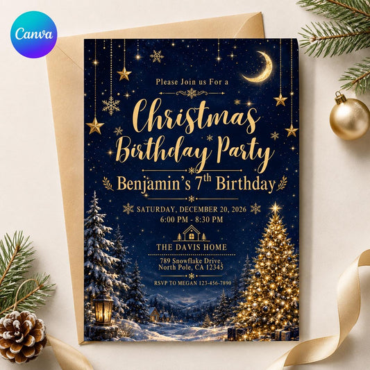 Navy and Gold Christmas 7th Birthday Invitation — editable Canva template