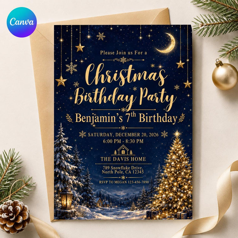 Navy and Gold Christmas 7th Birthday Invitation