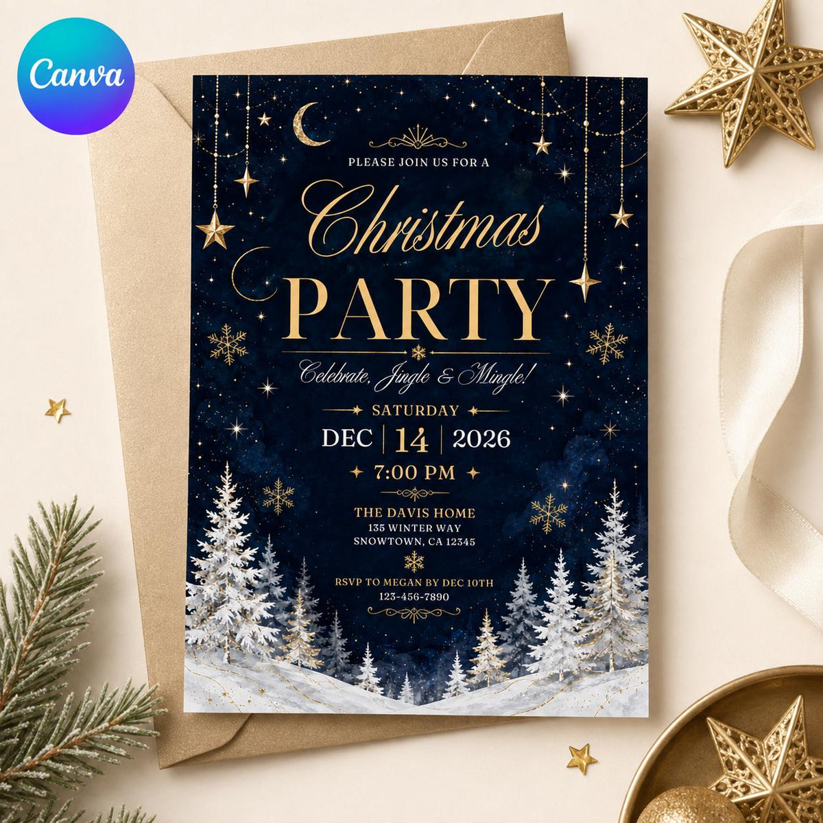 Navy and Gold Christmas Party Invitation — editable Canva template