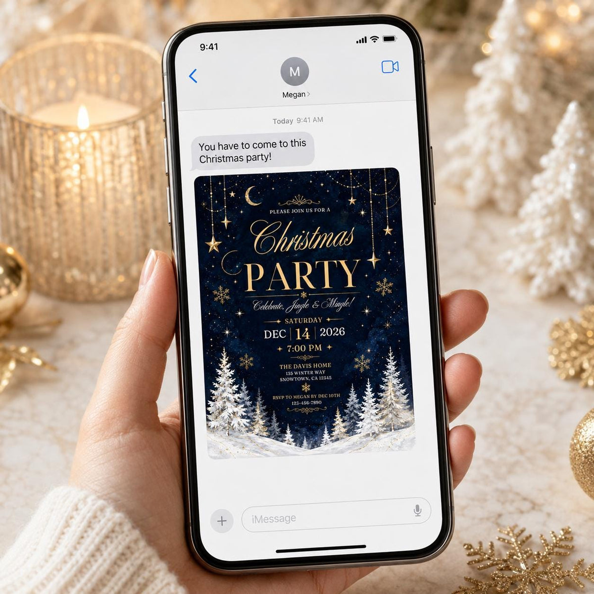 Navy and Gold Christmas Party Invitation — celestial design