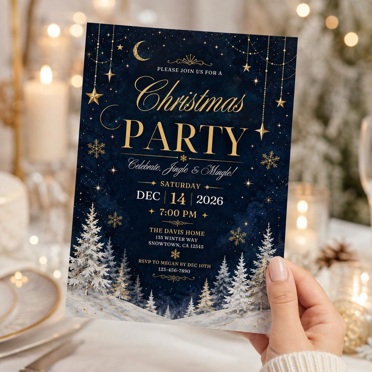 Navy and Gold Christmas Party Invitation — invitation you personalize in Canva