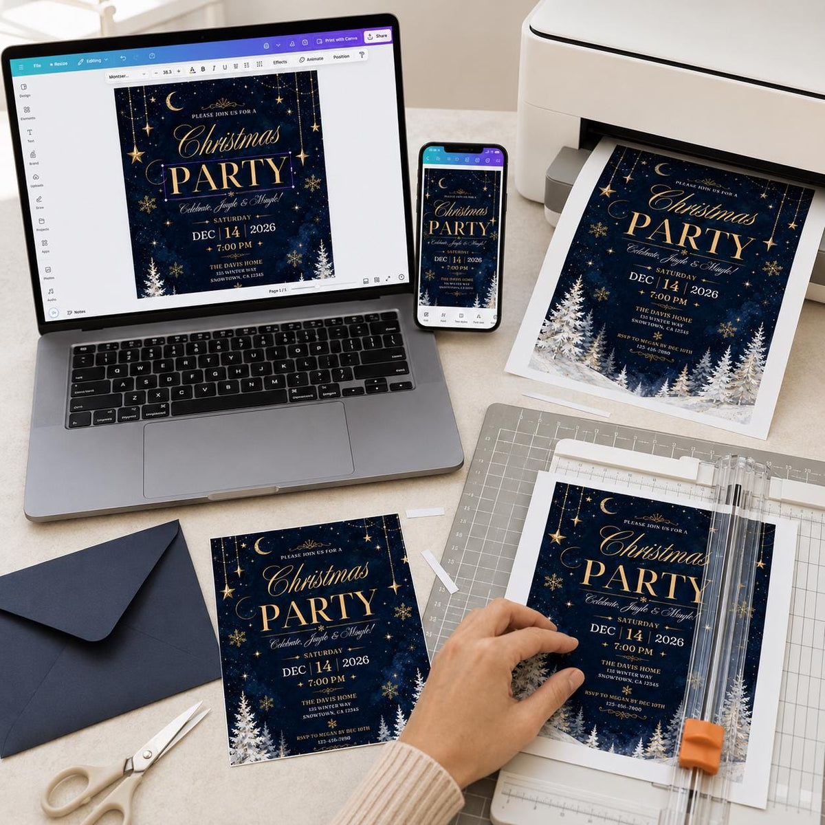 Navy and Gold Christmas Party Invitation — celestial Christmas celebration design