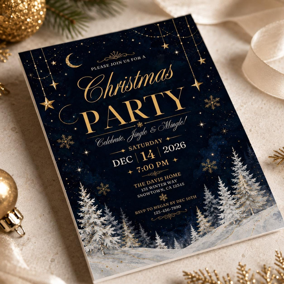 Navy and Gold Christmas Party Invitation — print-ready Christmas celebration design from VoltBy