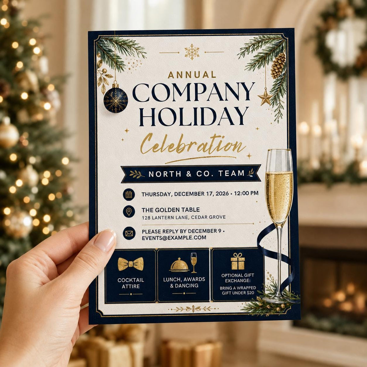 Navy and Gold Company Holiday Party Invitation — print-ready Christmas celebration design from VoltBy