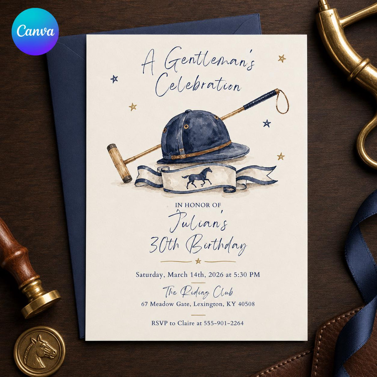 Navy and Gold Equestrian 30th Birthday Invitation — editable Canva template
