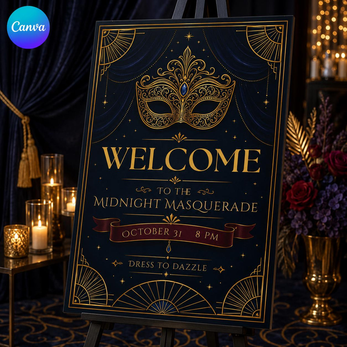 Navy and Gold Masquerade Party Welcome Sign — editable Canva template
