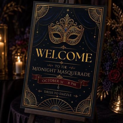 Navy and Gold Masquerade Party Welcome Sign — Halloween party stationery by VoltBy
