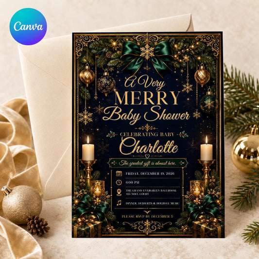 Navy and Green Christmas Baby Shower Invitation — editable Canva template