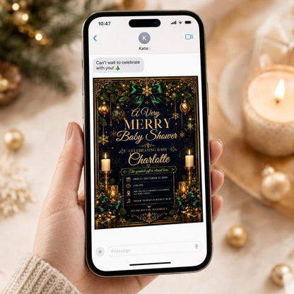 Navy and Green Christmas Baby Shower Invitation in gold