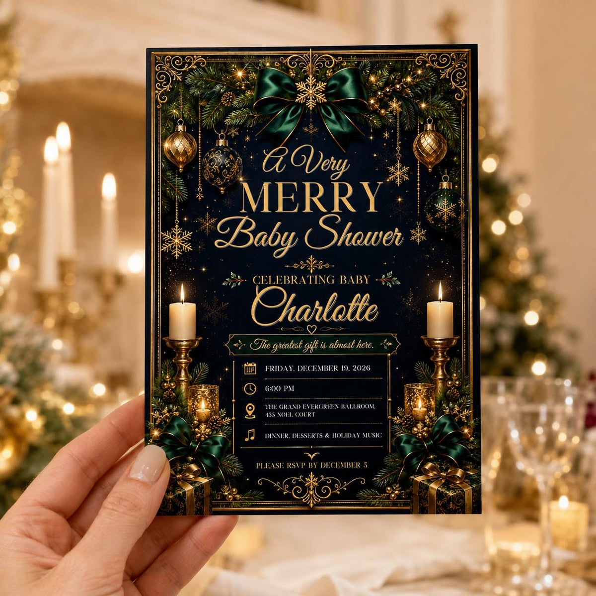 Navy and Green Christmas Baby Shower Invitation — invitation you personalize in Canva