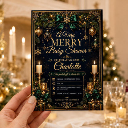Navy and Green Christmas Baby Shower Invitation — invitation you personalize in Canva