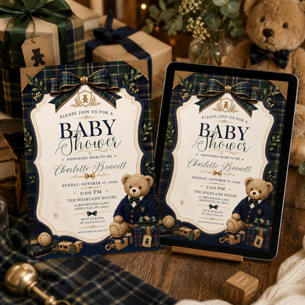Navy and Green Teddy Bear Baby Shower Invitation for Boys — invitation you personalize in Canva