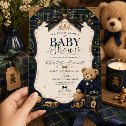 Navy and Green Teddy Bear Baby Shower Invitation for Boys — print-ready baby shower design from VoltBy