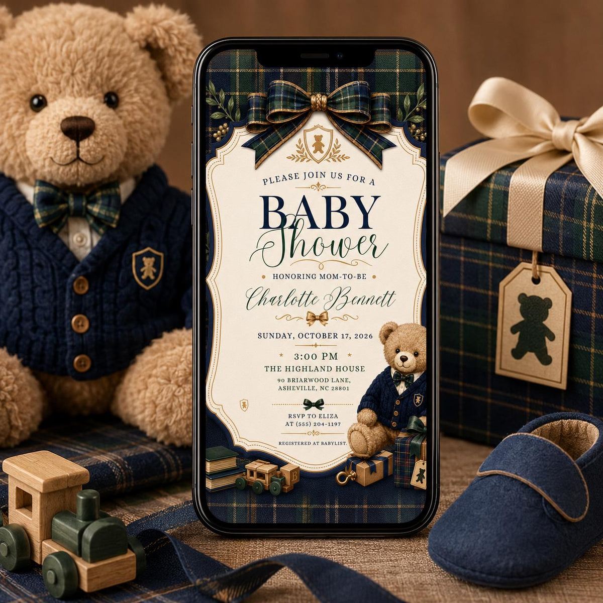 Navy and Green Teddy Bear Baby Shower Invitation for Boys — digital invitation, instant download