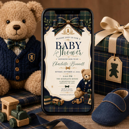 Navy and Green Teddy Bear Baby Shower Invitation for Boys — digital invitation, instant download