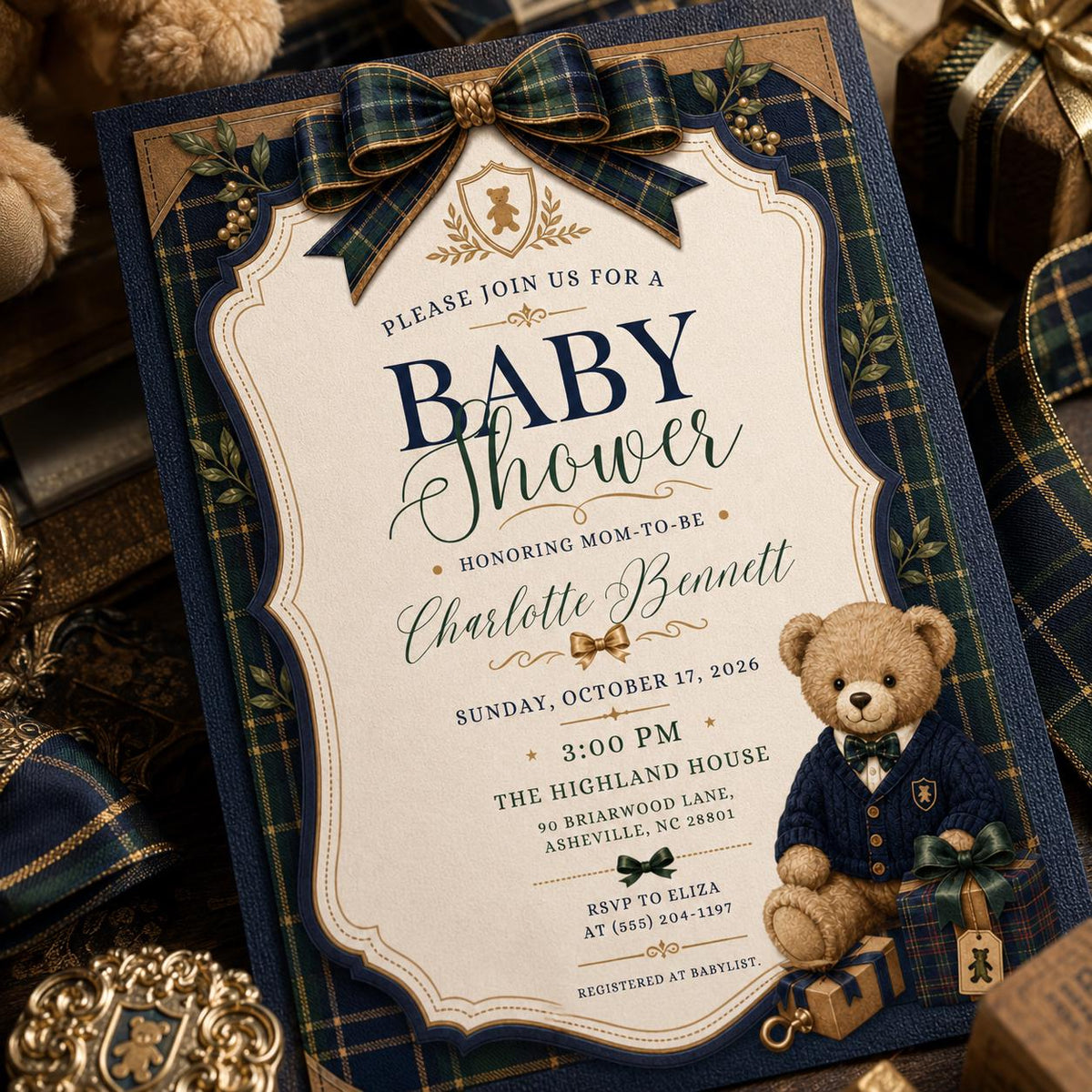 Navy and Green Teddy Bear Baby Shower Invitation for Boys — baby shower stationery by VoltBy