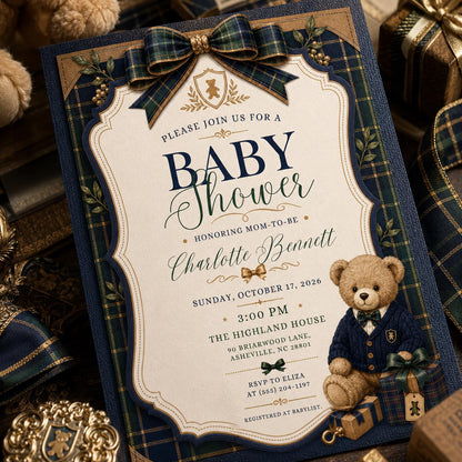 Navy and Green Teddy Bear Baby Shower Invitation for Boys — baby shower stationery by VoltBy