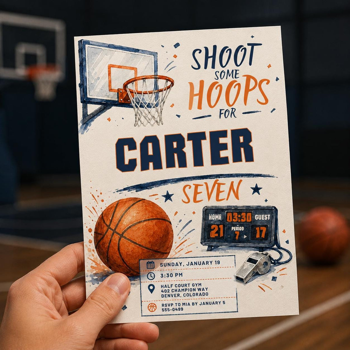 Navy and Orange Basketball 7th Birthday Invitation — invitation you personalize in Canva