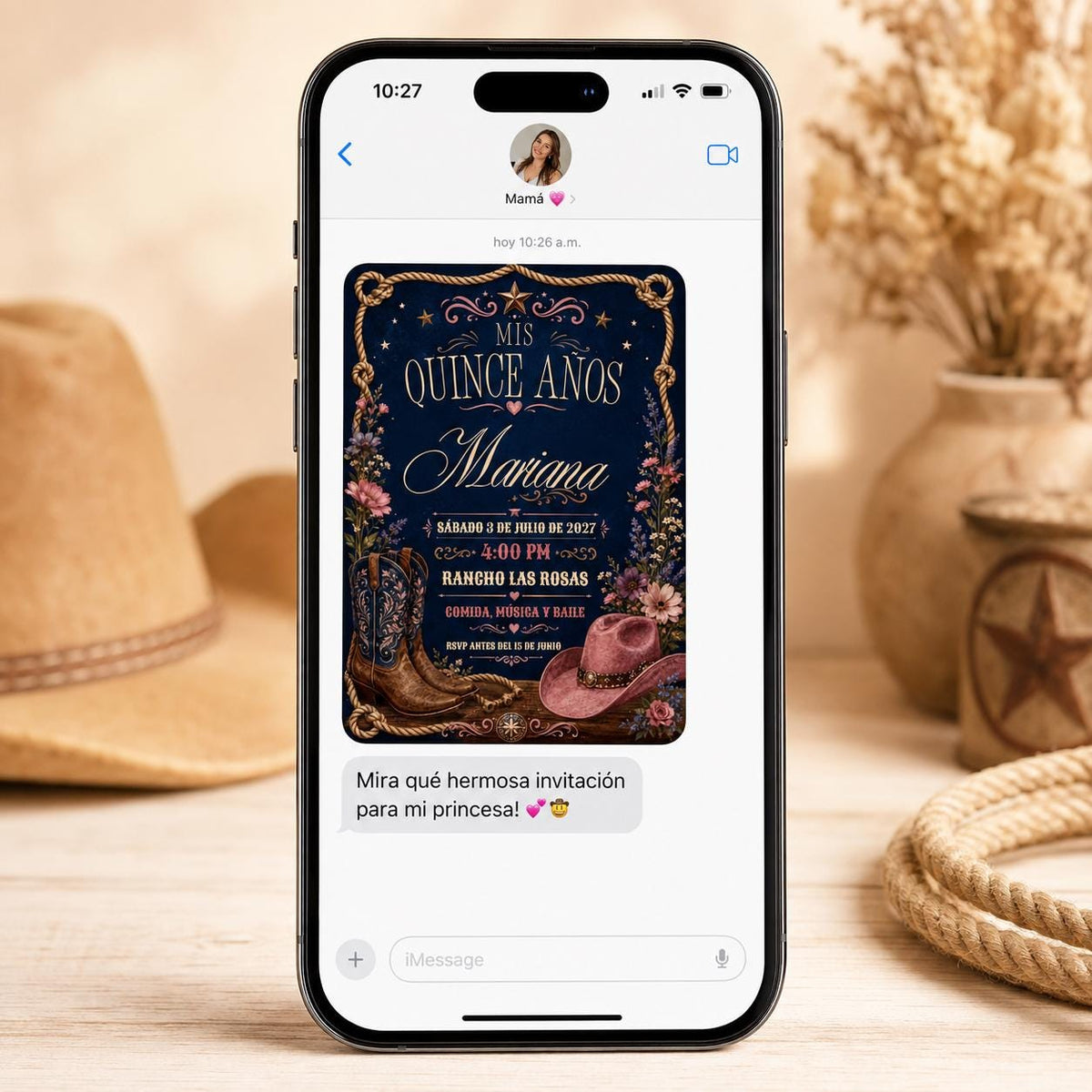 Navy and Pink Western Quinceanera Invitation — cowboy design