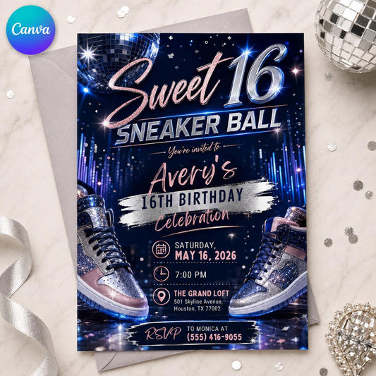 Navy and Rose Gold Sweet 16 Sneaker Ball Invitation for Girls — editable Canva template