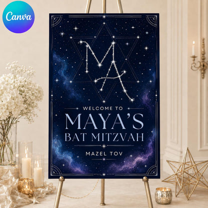 Navy and Silver Bat Mitzvah Welcome Sign — editable Canva template