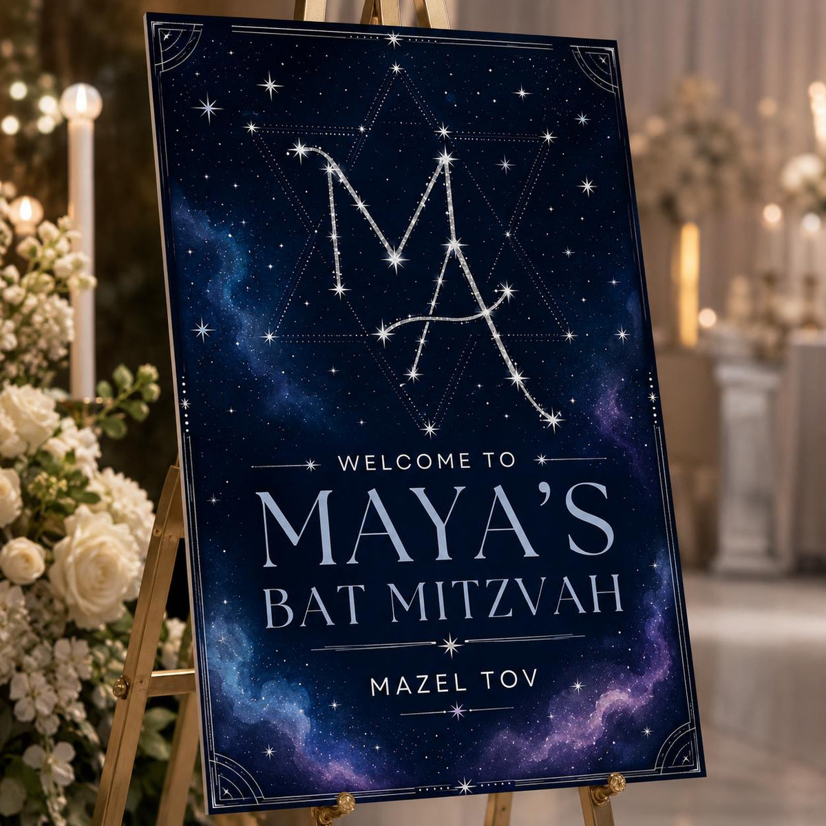 Navy and Silver Bat Mitzvah Welcome Sign — welcome sign you personalize in Canva