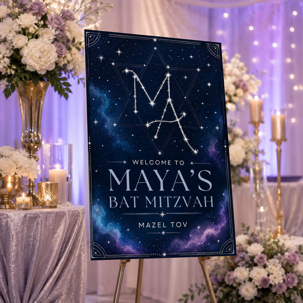 Navy and Silver Bat Mitzvah Welcome Sign — celestial bat mitzvah design