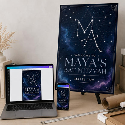 Navy and Silver Bat Mitzvah Welcome Sign — print-ready bat mitzvah design from VoltBy