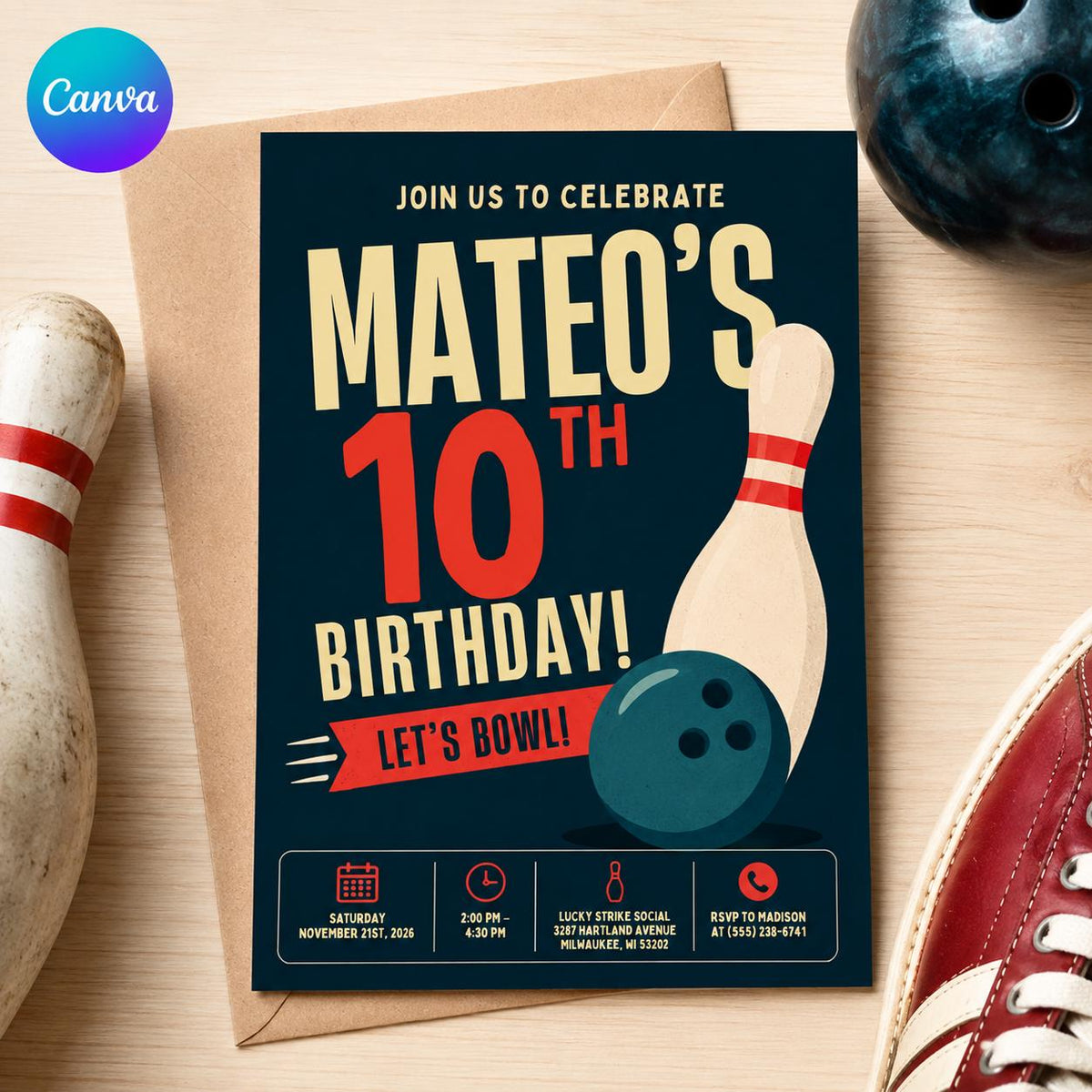 Navy Bowling Pin 10th Birthday Invitation — editable Canva template