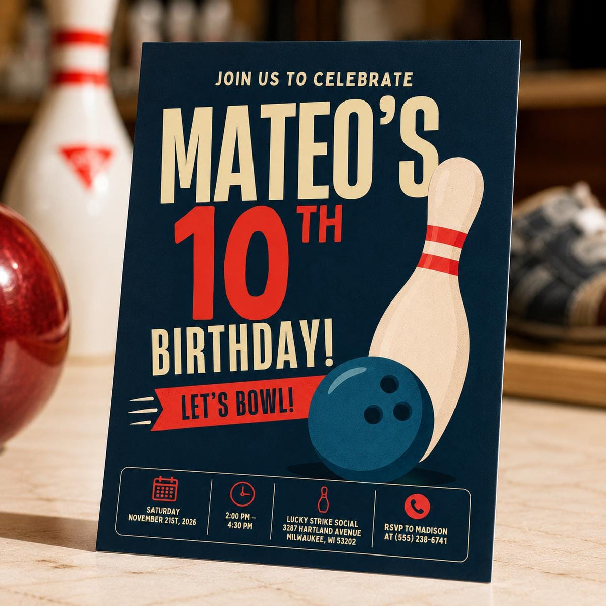 Navy Bowling Pin 10th Birthday Invitation in cream