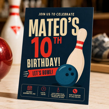 Navy Bowling Pin 10th Birthday Invitation in cream