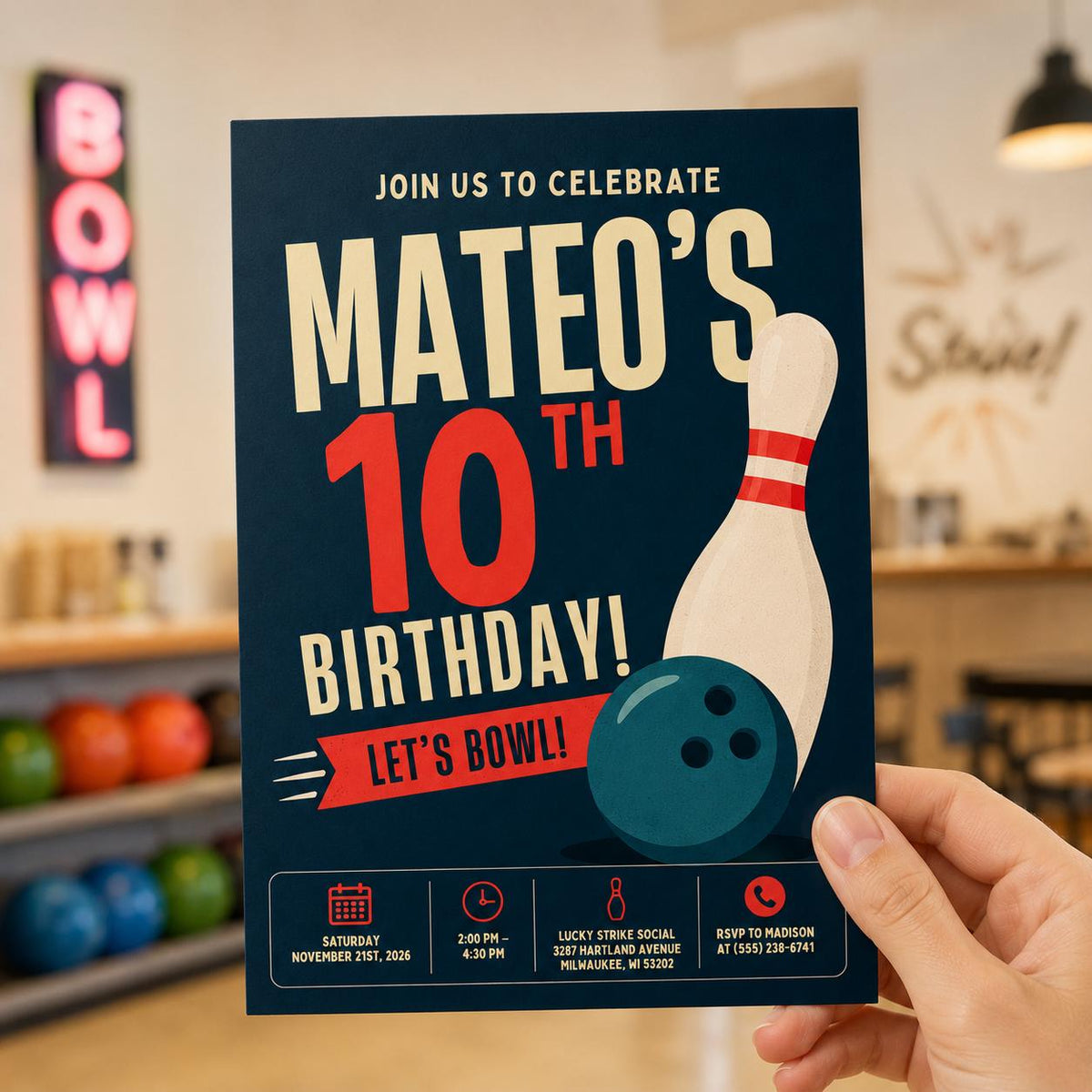 Navy Bowling Pin 10th Birthday Invitation — print-ready 10th birthday party design from VoltBy
