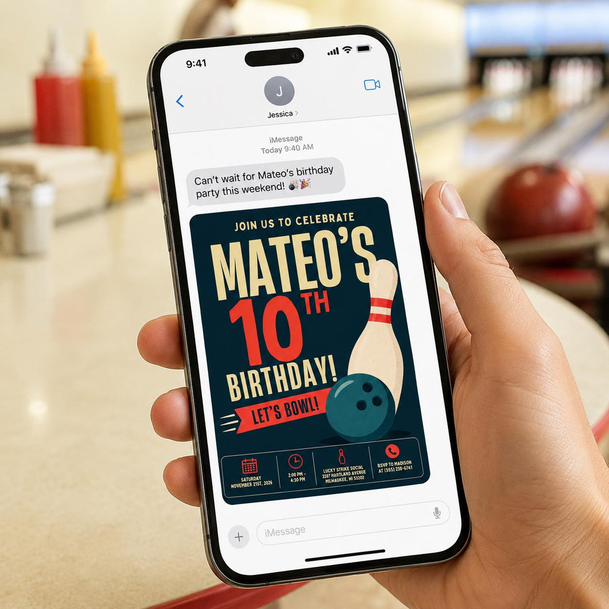 Navy Bowling Pin 10th Birthday Invitation — digital invitation, instant download