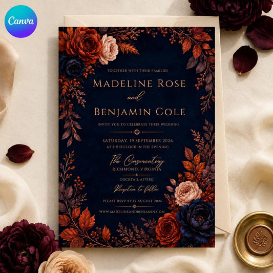 Navy Elegant Fall Wedding Invitation — editable Canva template