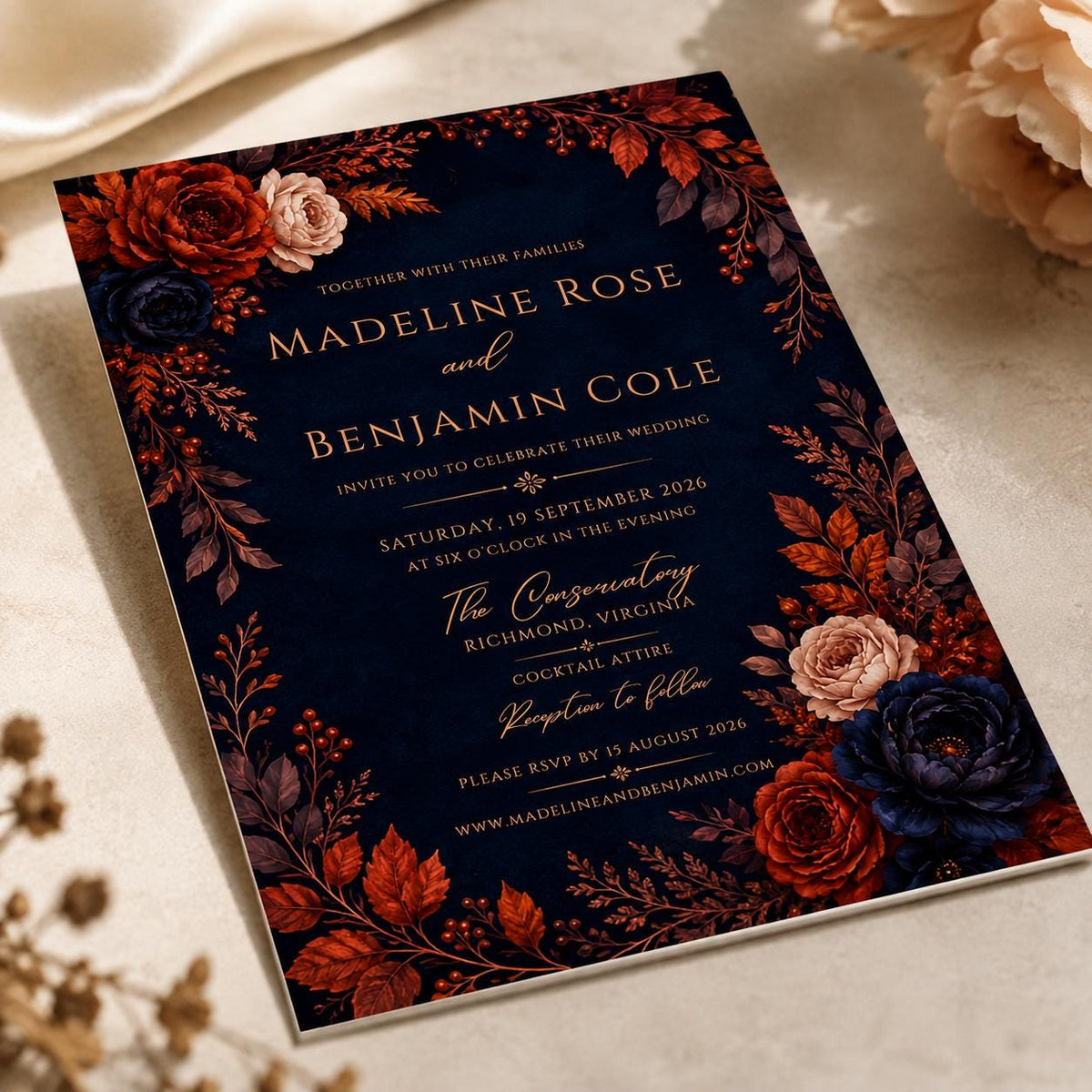 Navy Elegant Fall Wedding Invitation — invitation you personalize in Canva