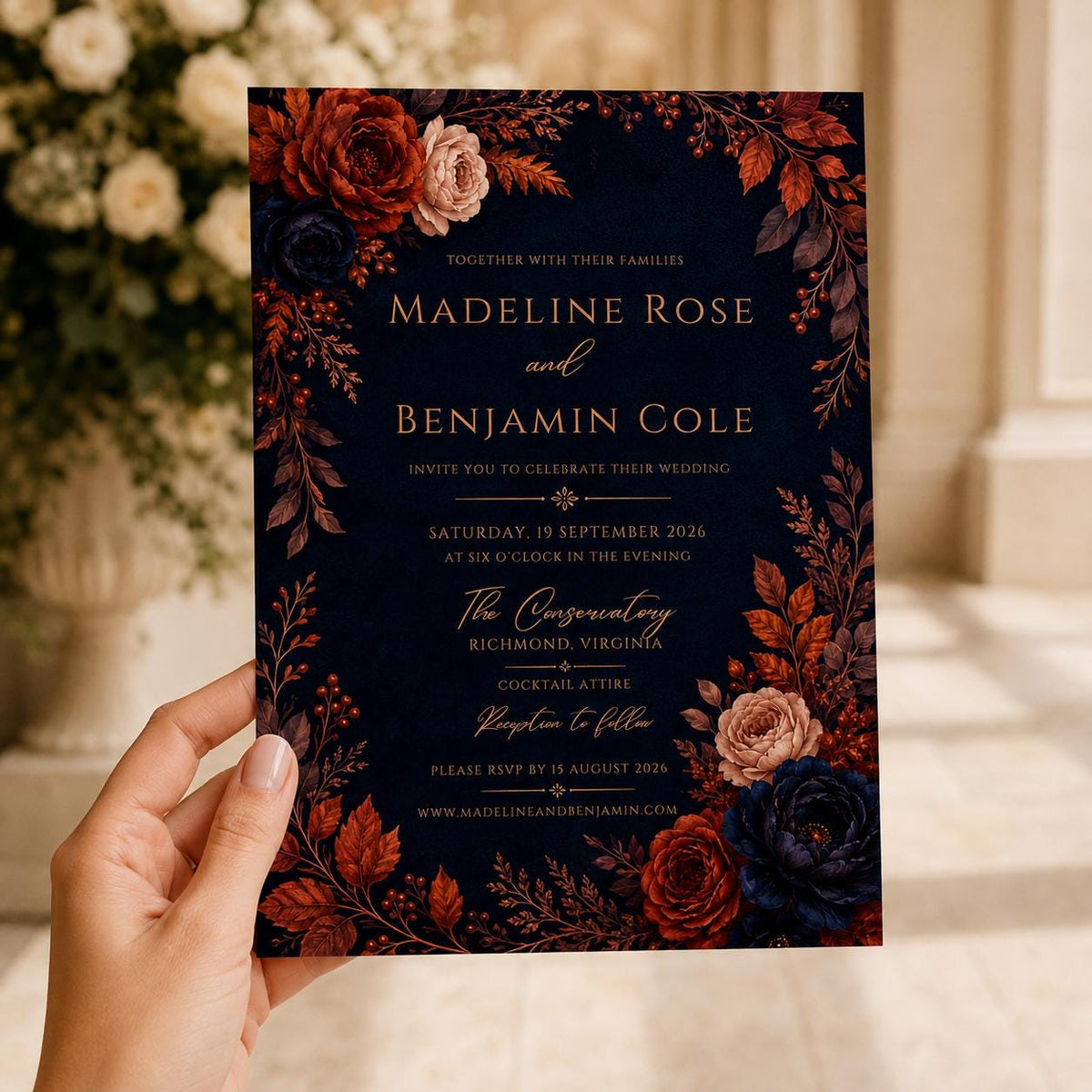 Navy Elegant Fall Wedding Invitation — print-ready wedding design from VoltBy