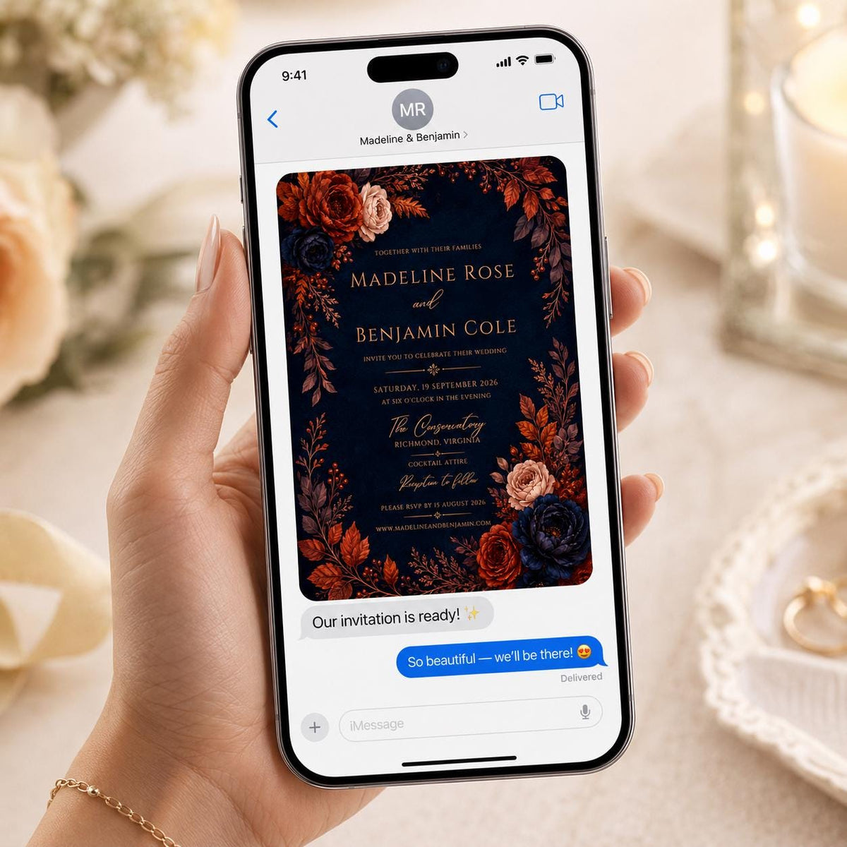 Navy Elegant Fall Wedding Invitation — digital invitation, instant download